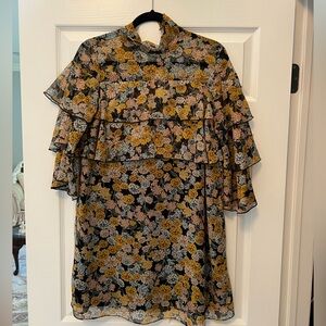 Zara Floral Ruffle Mini Dress - Black and Yellow